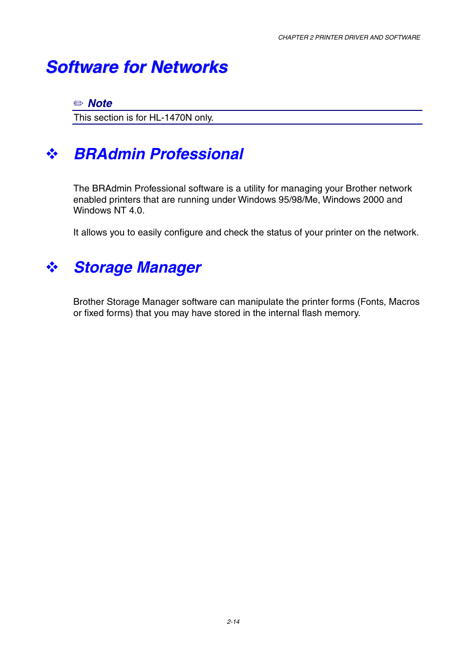 Software for networks, Bradmin professional, Storage manager | Brother HL-1230 EN User Manual | Page 53 / 116