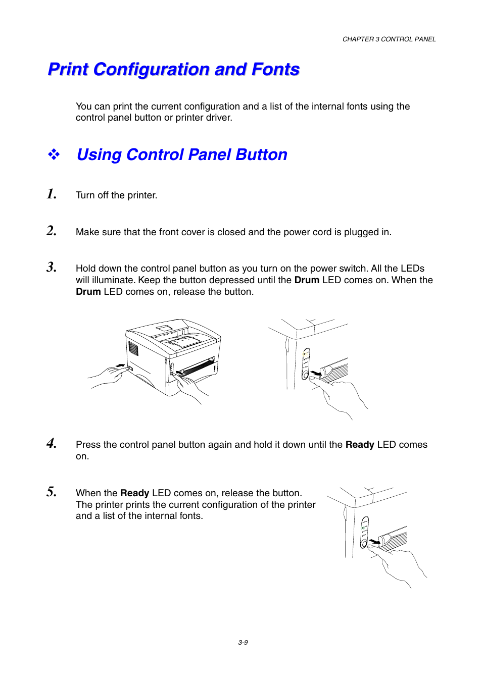 Print configuration and fonts, Using control panel button | Brother HL-1230 EN User Manual | Page 63 / 116