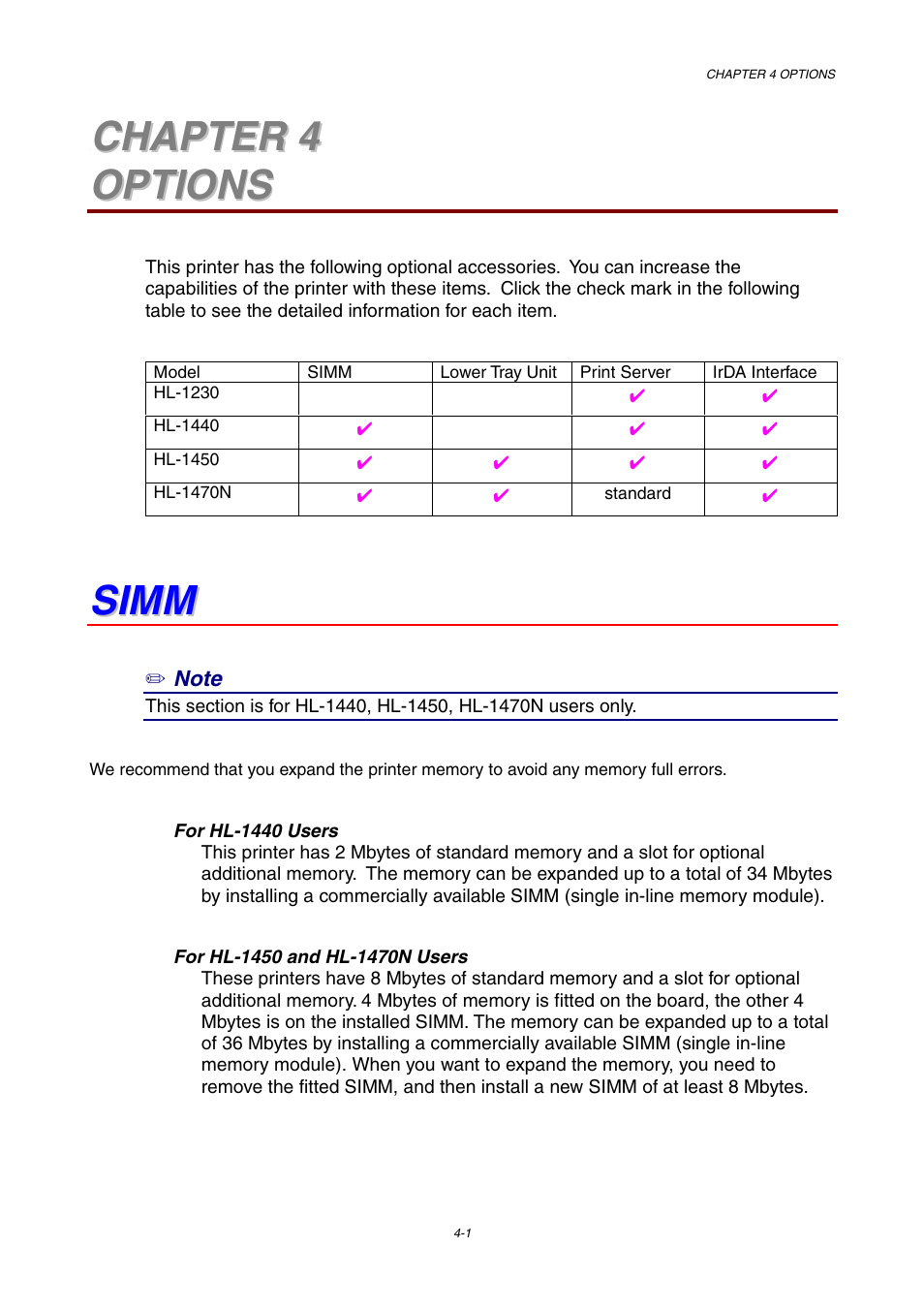 Chapter 4 options, Simm | Brother HL-1230 EN User Manual | Page 65 / 116