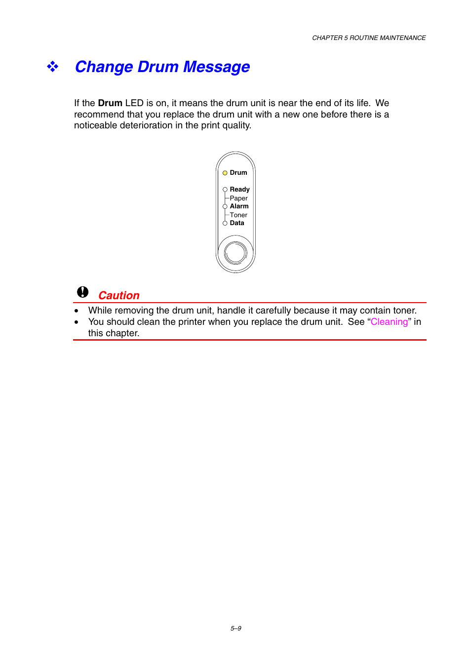 Change drum message, Caution | Brother HL-1230 EN User Manual | Page 81 / 116