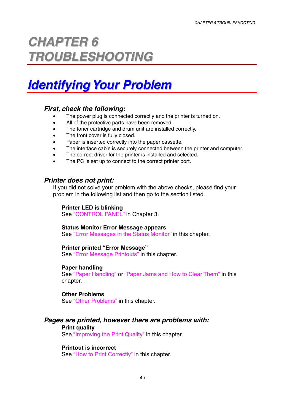 Chapter 6 troubleshooting, Identifying your problem | Brother HL-1230 EN User Manual | Page 87 / 116