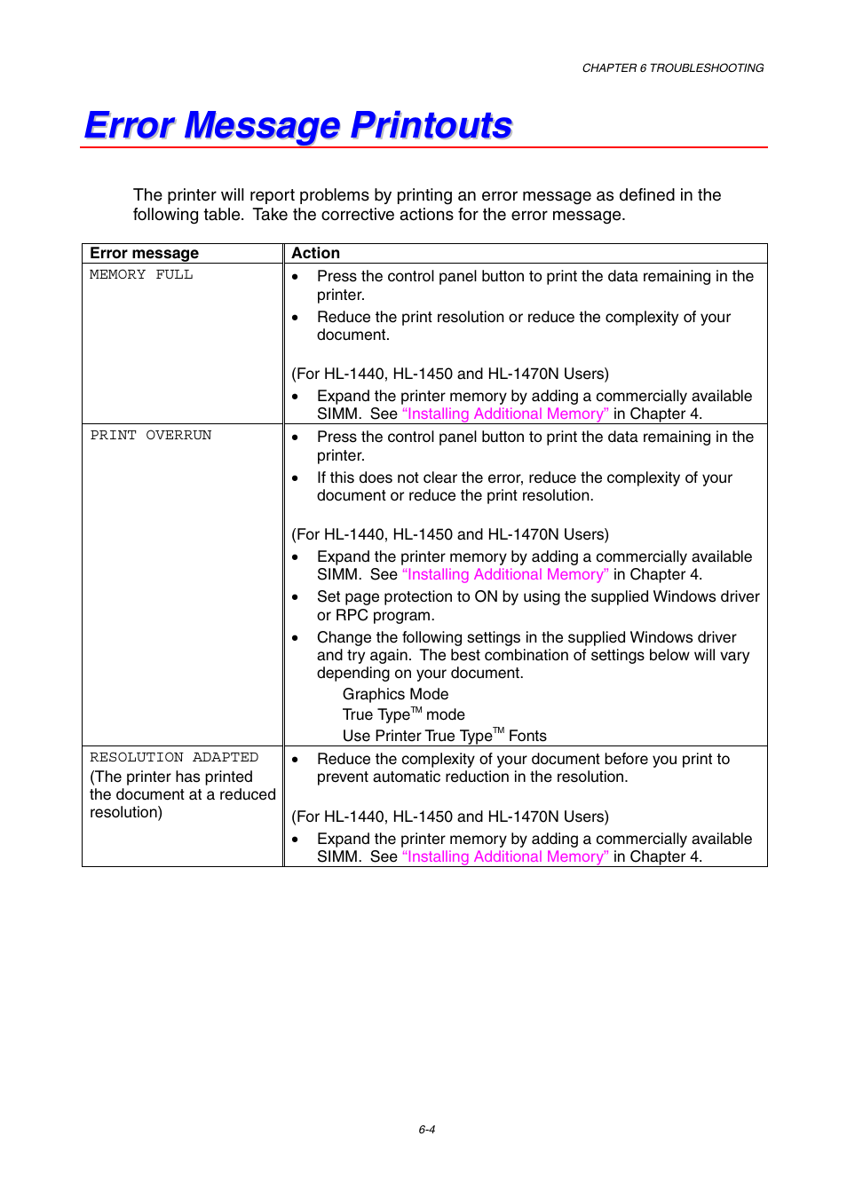 Error message printouts | Brother HL-1230 EN User Manual | Page 90 / 116