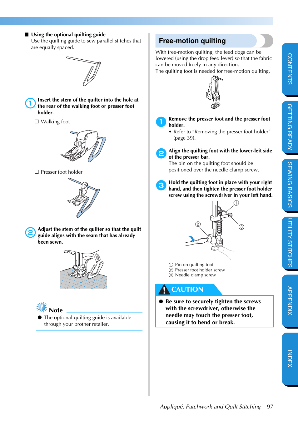 Free-motion quilting, Caution | Brother PC-420 User Manual | Page 103 / 153