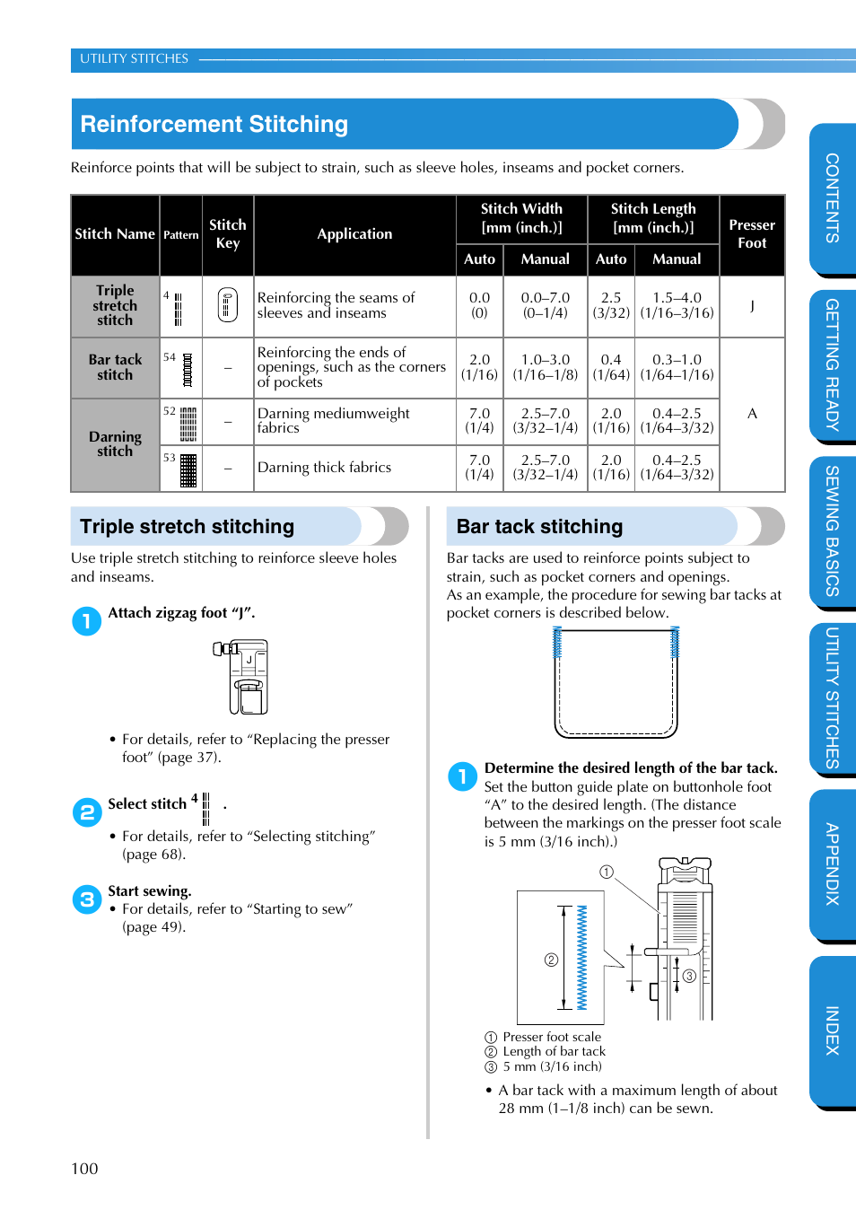 Reinforcement stitching, Triple stretch stitching, Bar tack stitching | Triple stretch stitching bar tack stitching | Brother PC-420 User Manual | Page 106 / 153