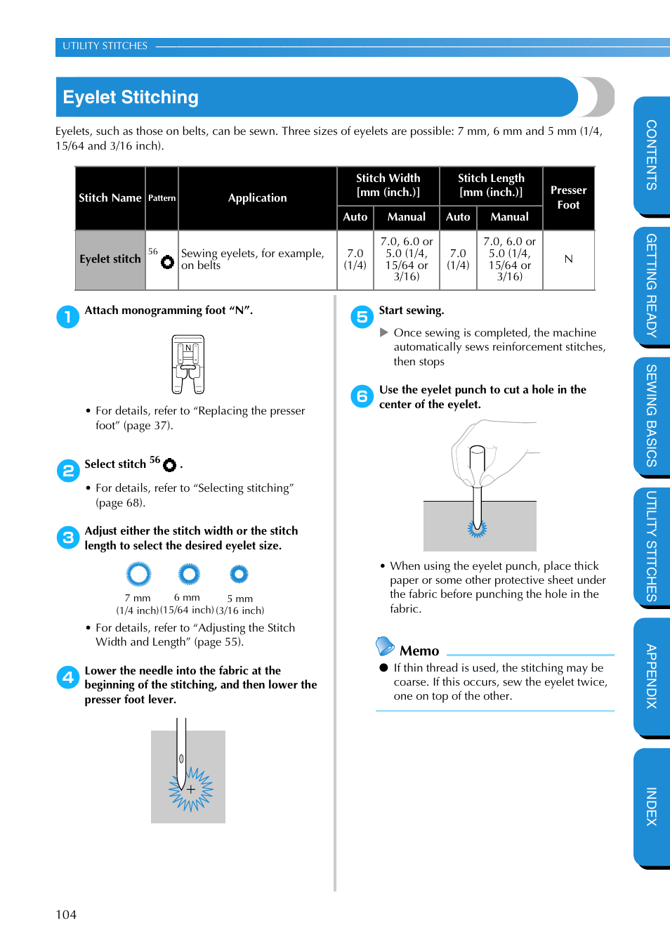 Eyelet stitching | Brother PC-420 User Manual | Page 110 / 153