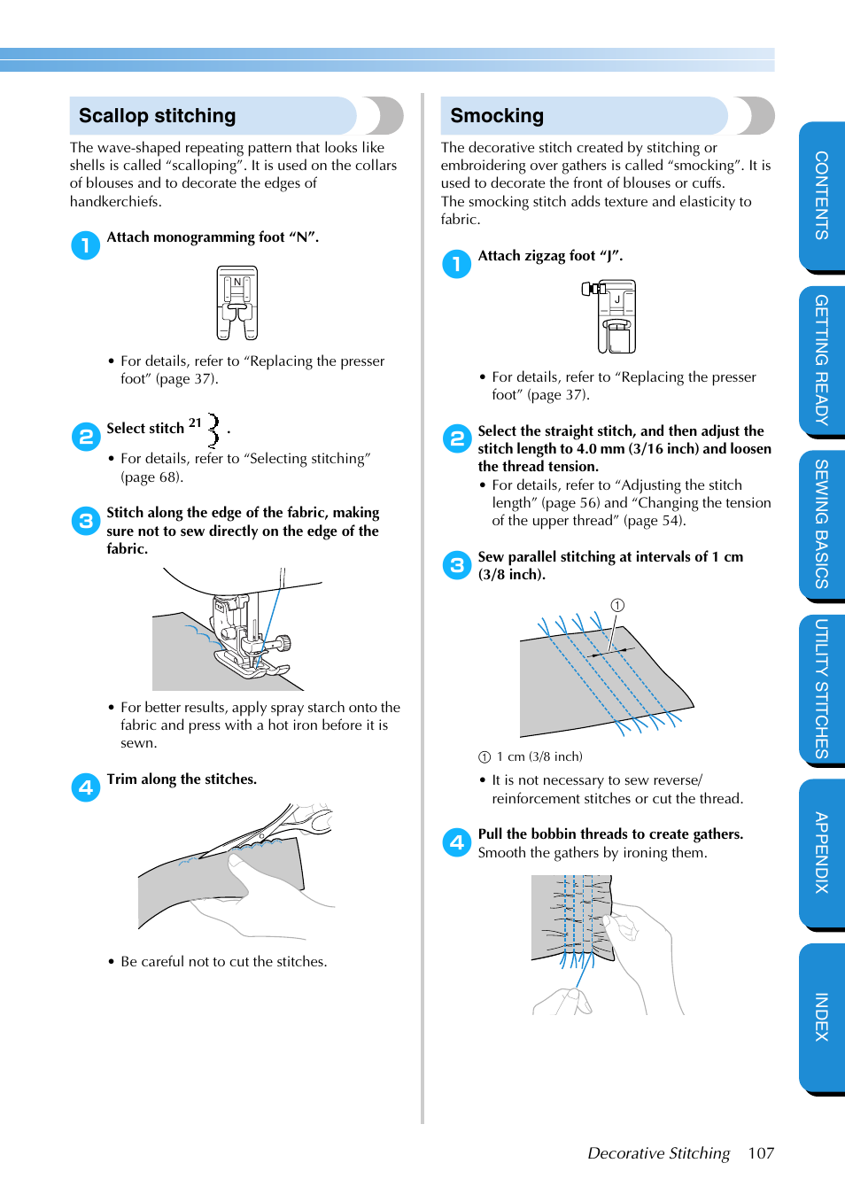 Scallop stitching, Smocking, Scallop stitching smocking | Brother PC-420 User Manual | Page 113 / 153