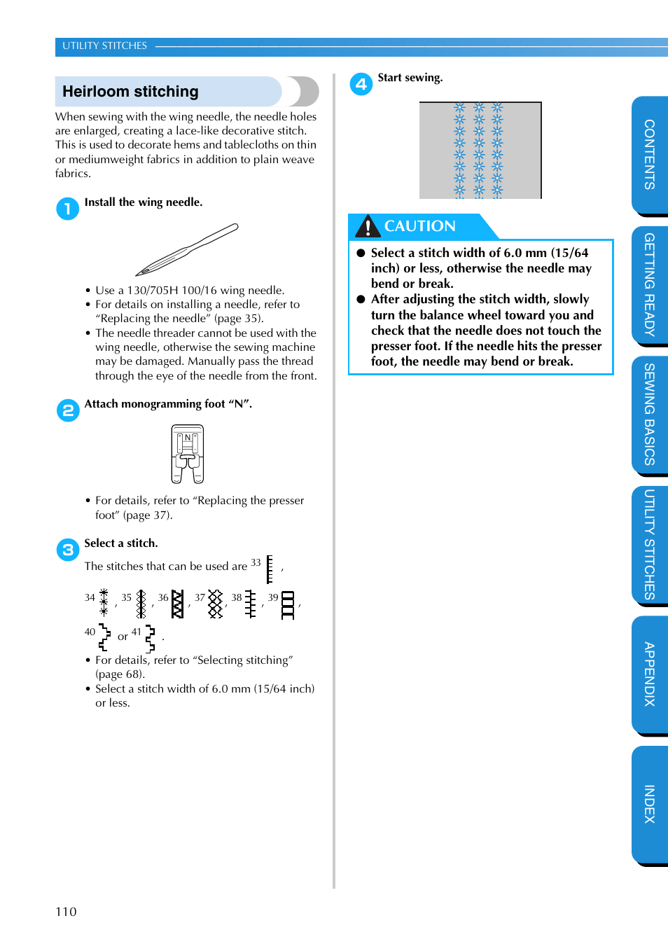 Heirloom stitching, Caution | Brother PC-420 User Manual | Page 116 / 153