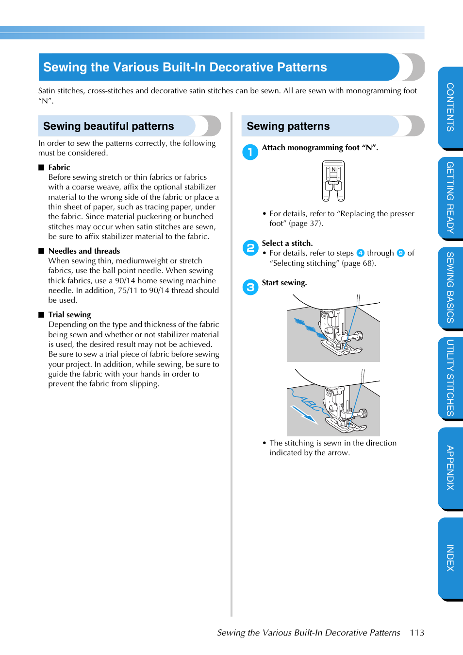 Sewing the various built-in decorative patterns, Sewing beautiful patterns, Sewing patterns | Sewing beautiful patterns sewing patterns | Brother PC-420 User Manual | Page 119 / 153