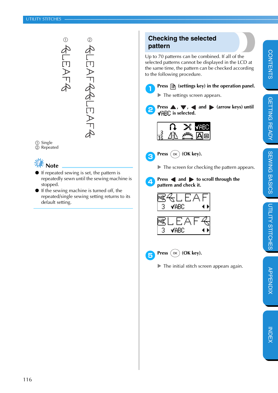 Checking the selected pattern | Brother PC-420 User Manual | Page 122 / 153