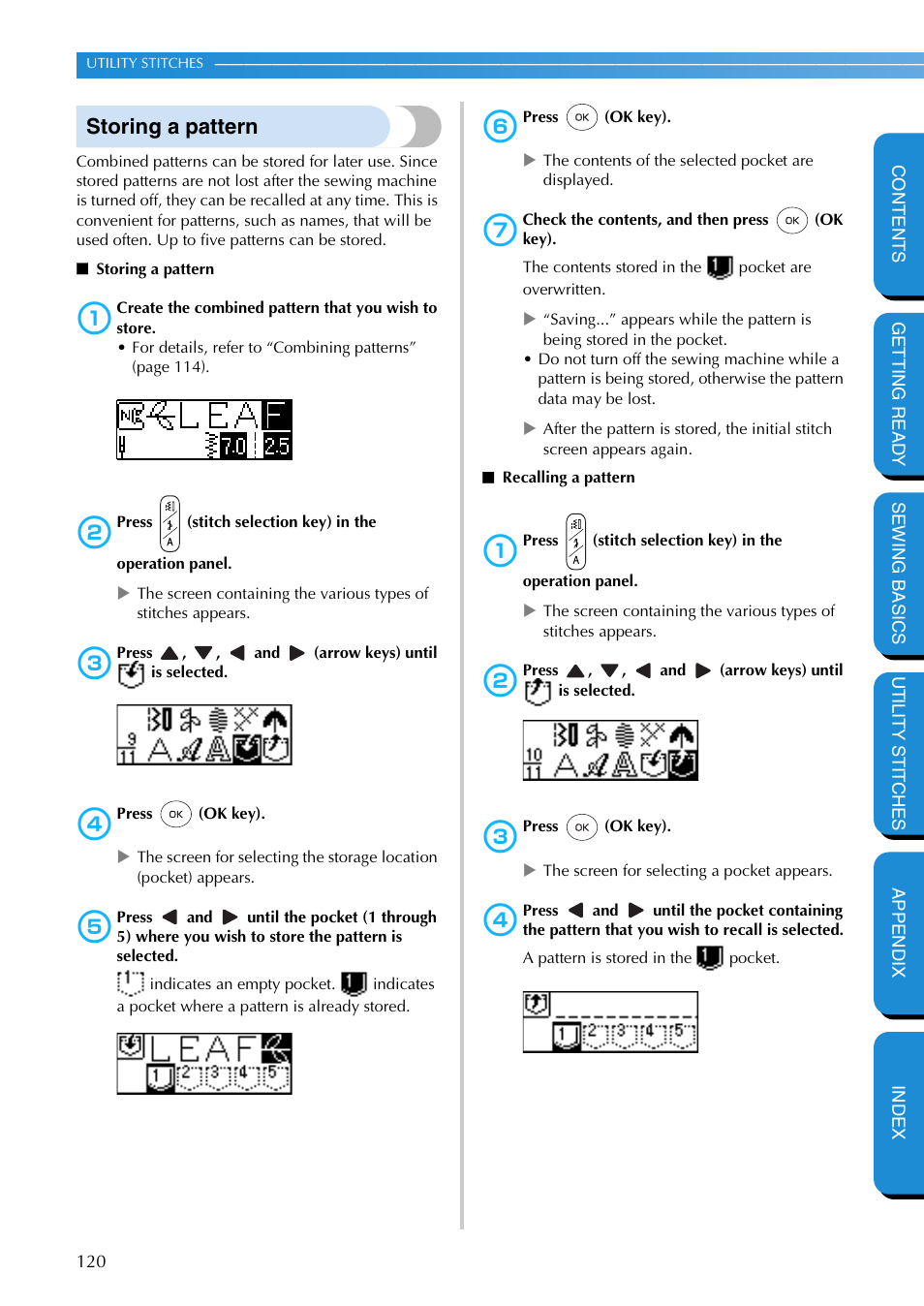 Storing a pattern | Brother PC-420 User Manual | Page 126 / 153
