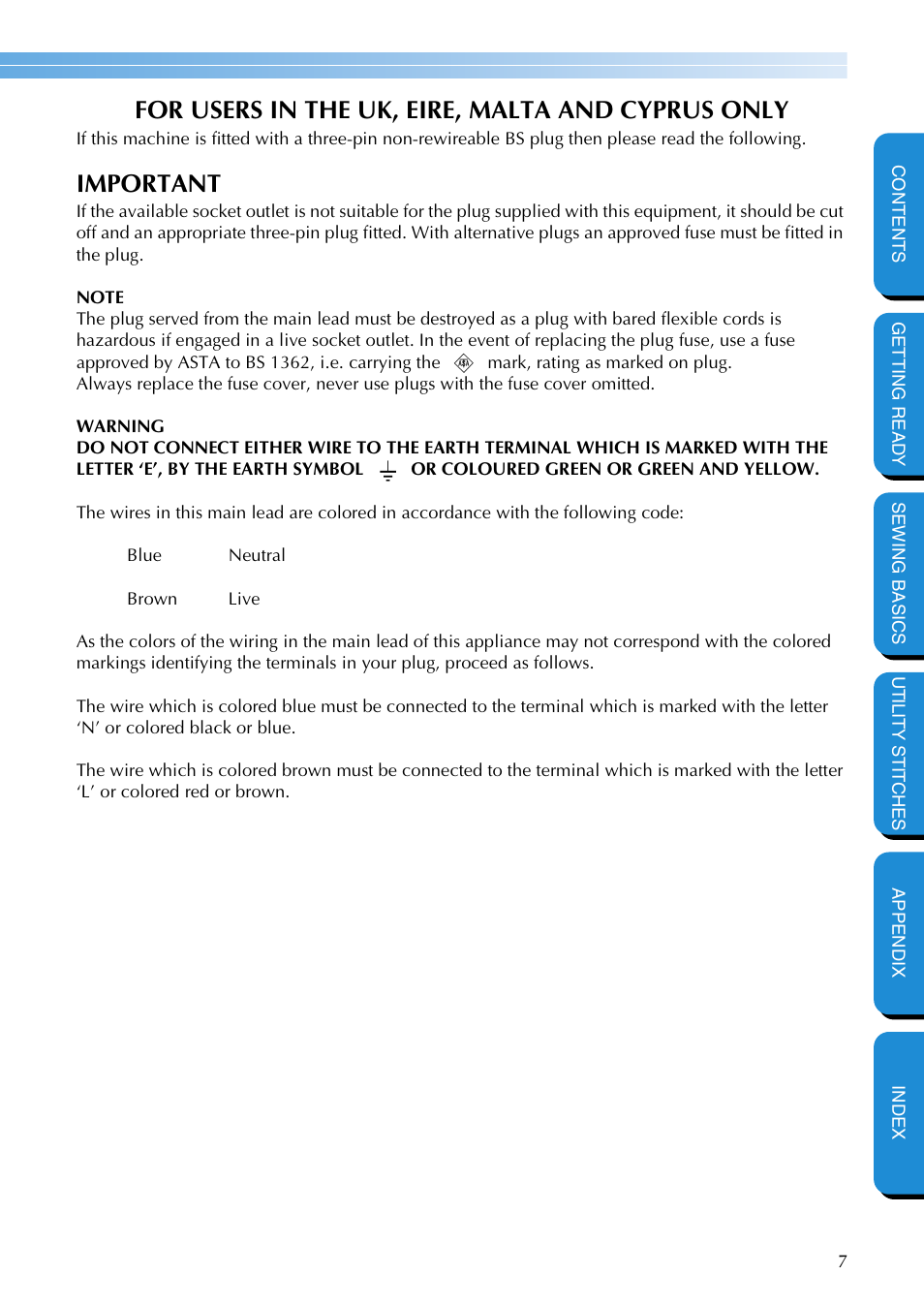 For users in the uk, eire, malta and cyprus only, Important | Brother PC-420 User Manual | Page 13 / 153