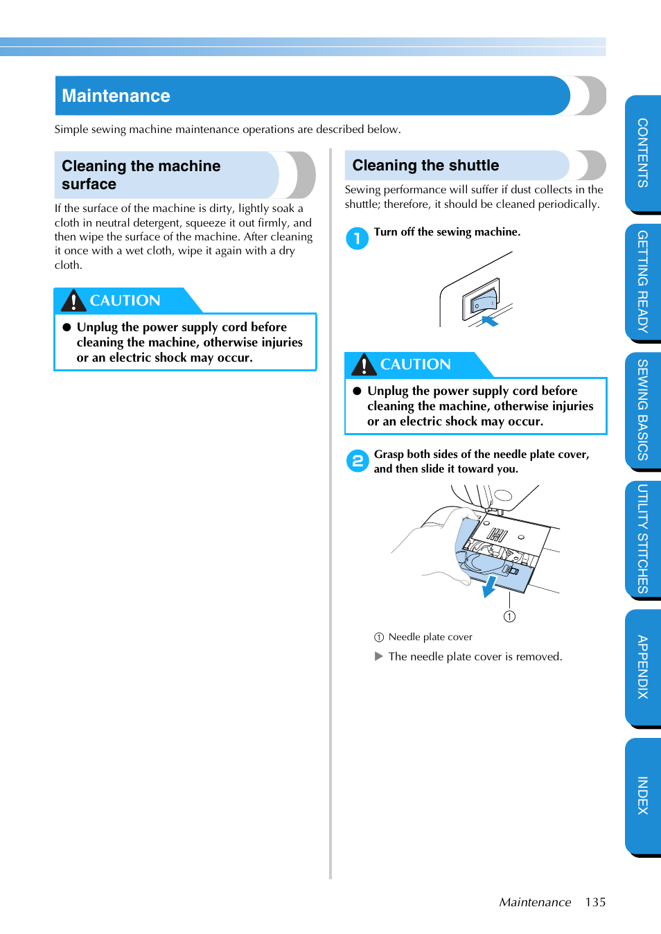 Maintenance, Cleaning the machine surface, Cleaning the shuttle | Cleaning the machine surface cleaning the shuttle, Caution | Brother PC-420 User Manual | Page 141 / 153
