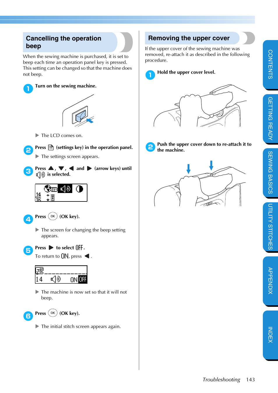 Cancelling the operation beep, Removing the upper cover | Brother PC-420 User Manual | Page 149 / 153