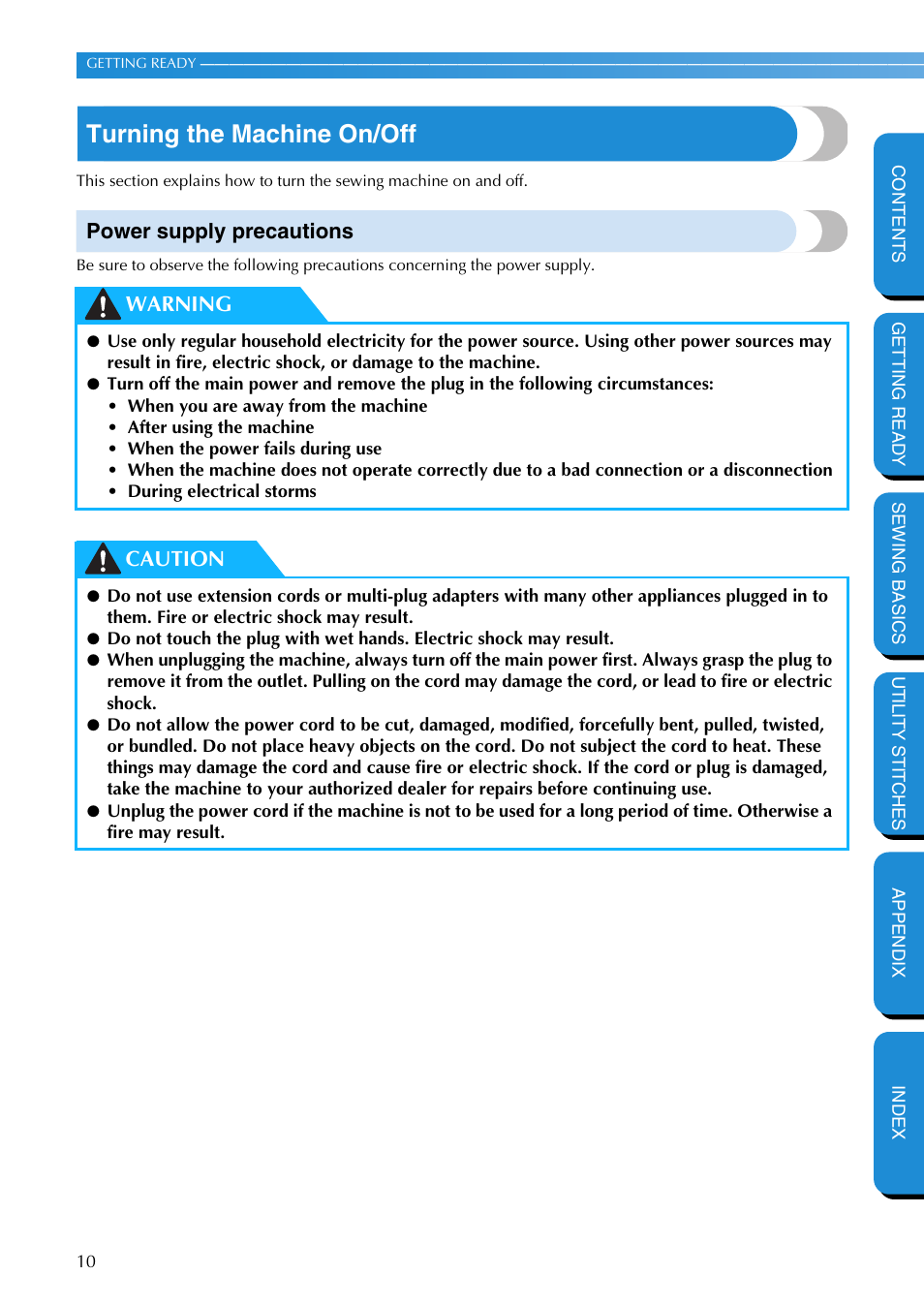 Turning the machine on/off, Power supply precautions, Warning caution | Brother PC-420 User Manual | Page 16 / 153