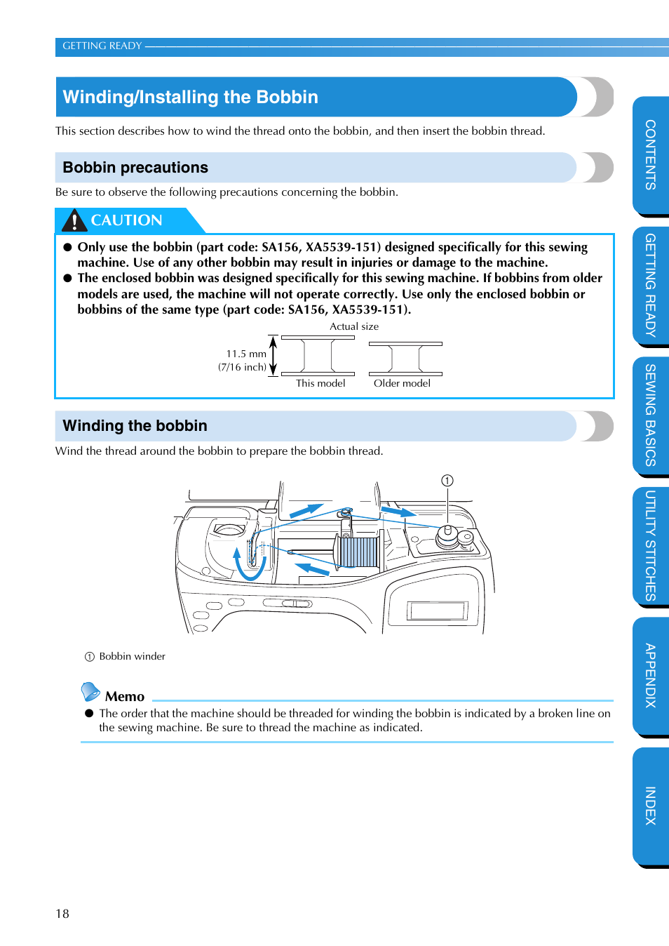 Winding/installing the bobbin, Bobbin precautions, Winding the bobbin | Bobbin precautions winding the bobbin, Caution | Brother PC-420 User Manual | Page 24 / 153