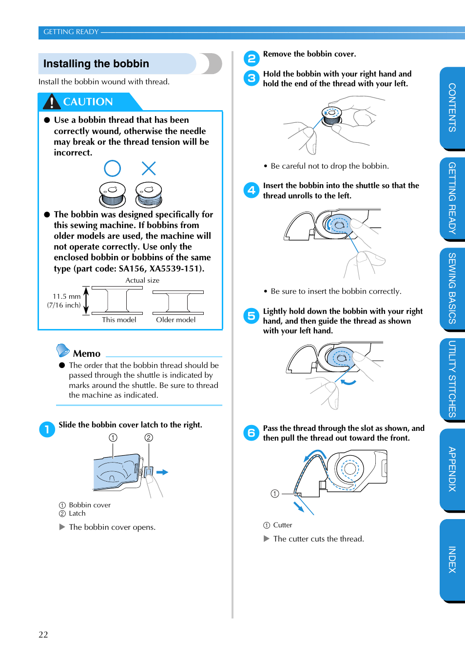 Installing the bobbin, Caution | Brother PC-420 User Manual | Page 28 / 153