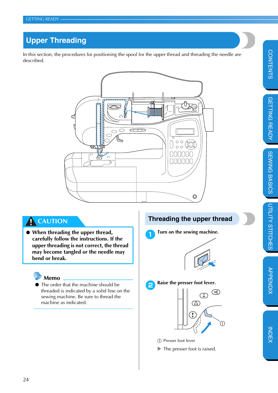 Upper threading, Threading the upper thread, Caution | Brother PC-420 User Manual | Page 30 / 153