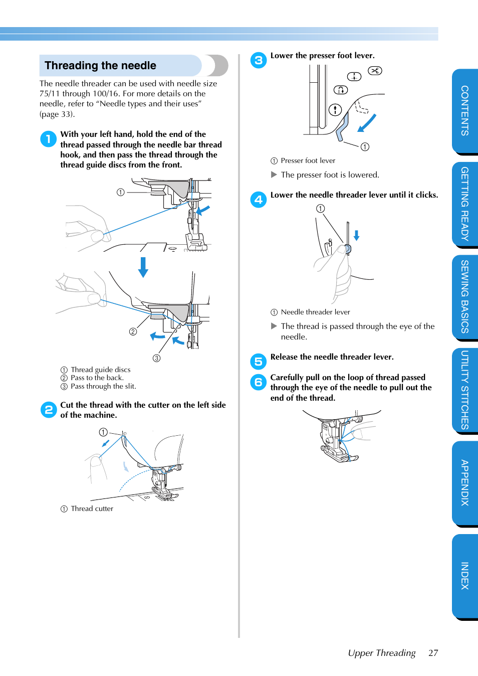 Threading the needle | Brother PC-420 User Manual | Page 33 / 153