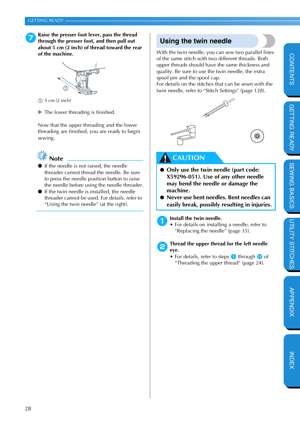 Using the twin needle, Caution | Brother PC-420 User Manual | Page 34 / 153