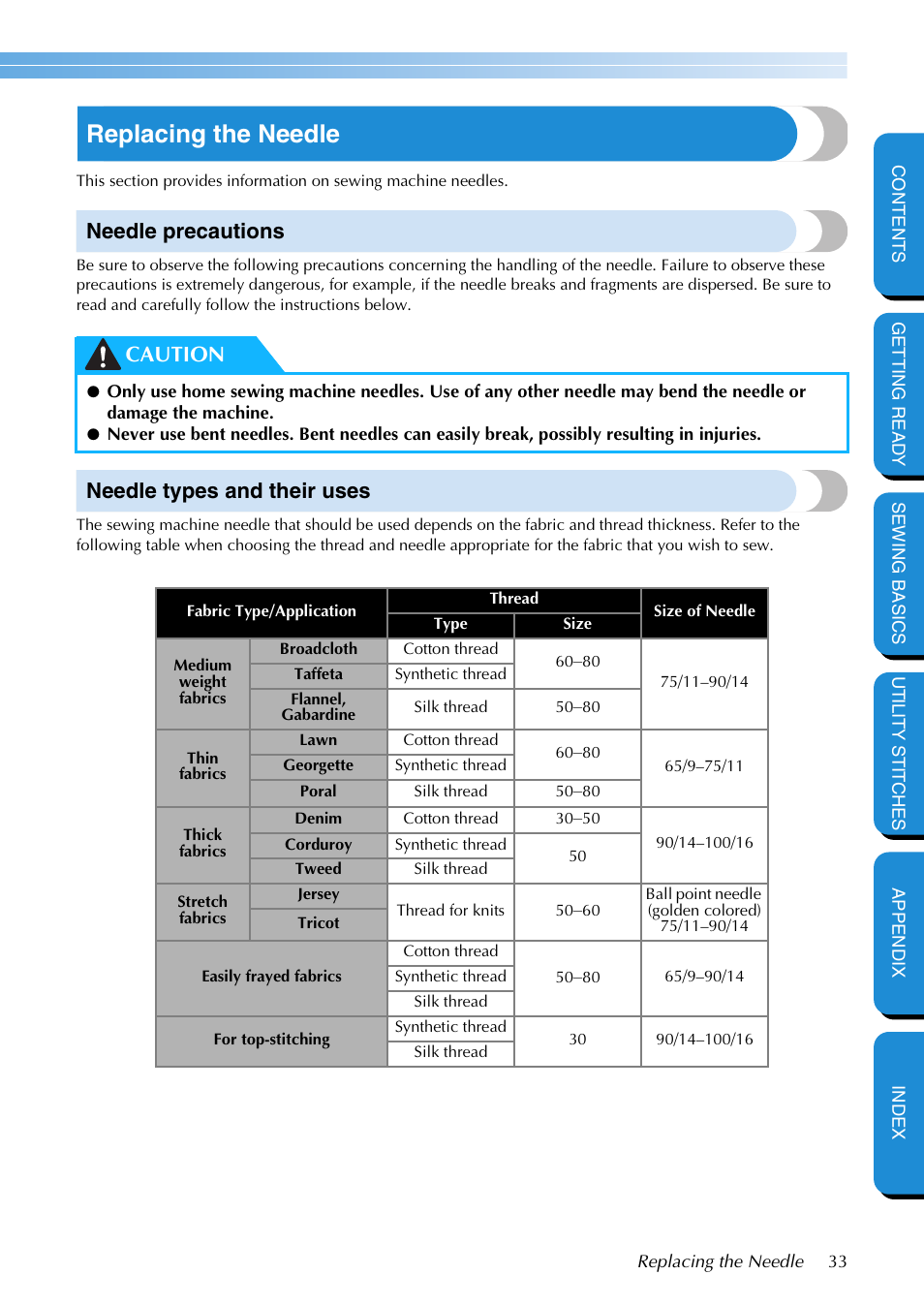 Replacing the needle, Needle precautions, Needle types and their uses | Needle precautions needle types and their uses, Caution | Brother PC-420 User Manual | Page 39 / 153