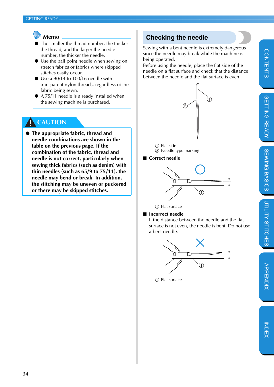 Checking the needle, Caution | Brother PC-420 User Manual | Page 40 / 153