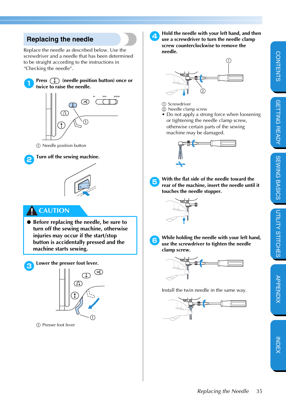 Replacing the needle, Caution | Brother PC-420 User Manual | Page 41 / 153