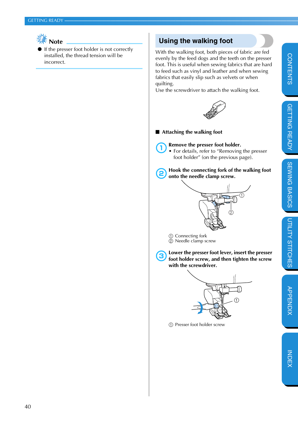 Using the walking foot | Brother PC-420 User Manual | Page 46 / 153