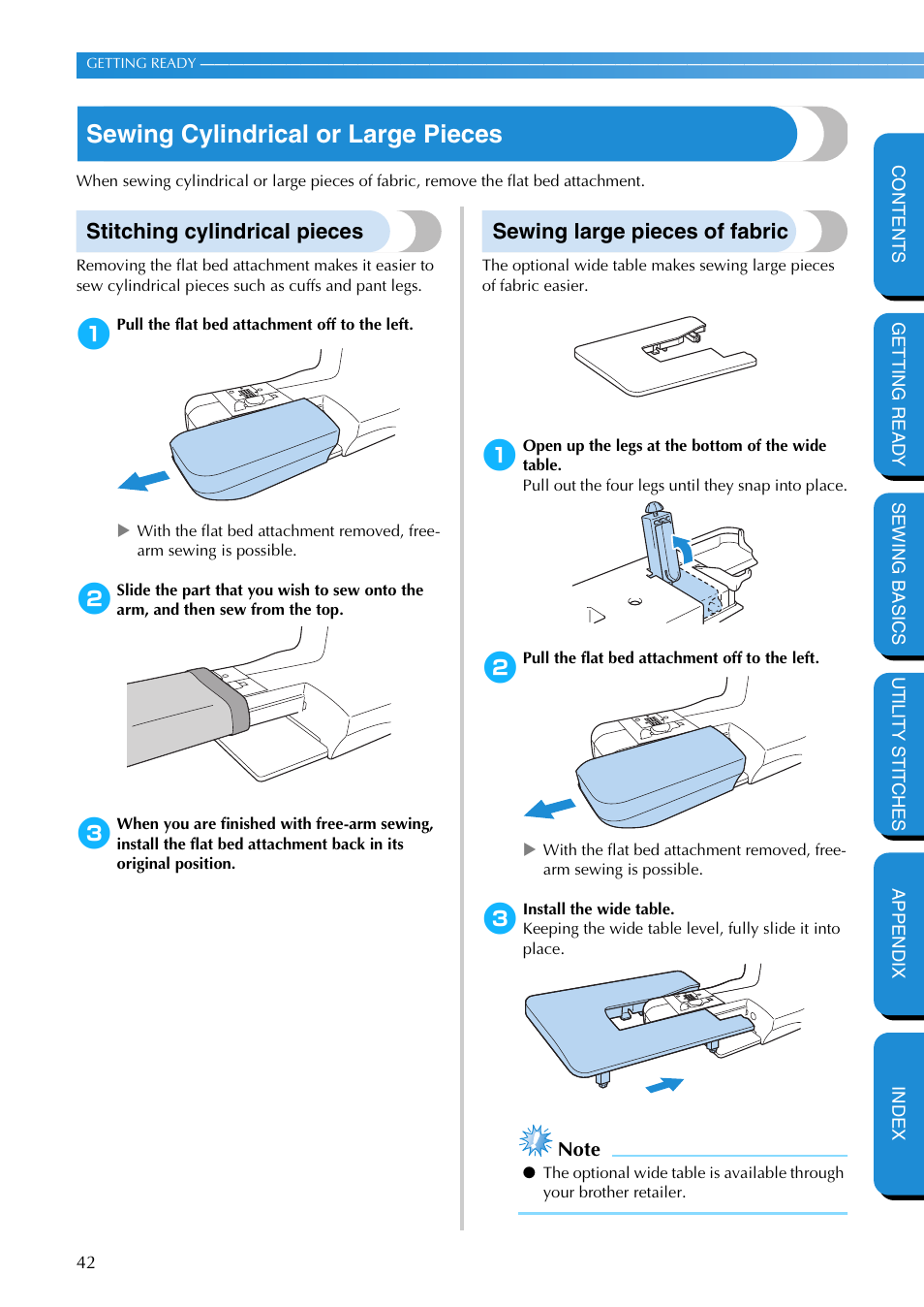 Sewing cylindrical or large pieces, Stitching cylindrical pieces, Sewing large pieces of fabric | Brother PC-420 User Manual | Page 48 / 153