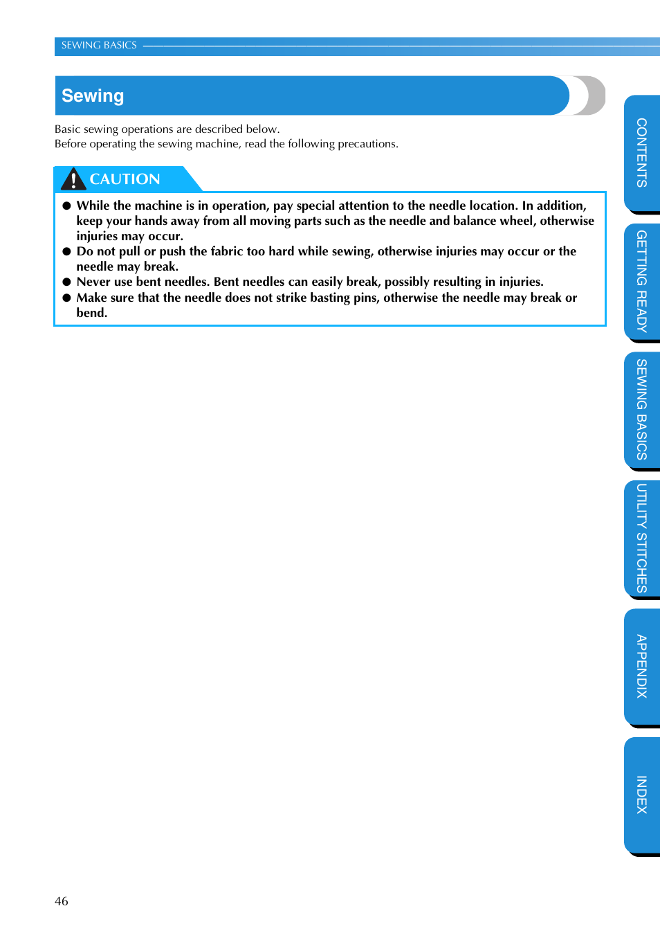 Sewing, Caution | Brother PC-420 User Manual | Page 52 / 153