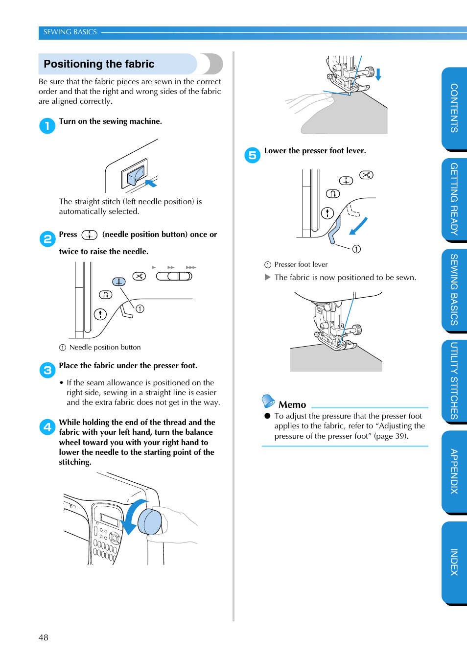 Positioning the fabric, R to “positioning the fabric | Brother PC-420 User Manual | Page 54 / 153