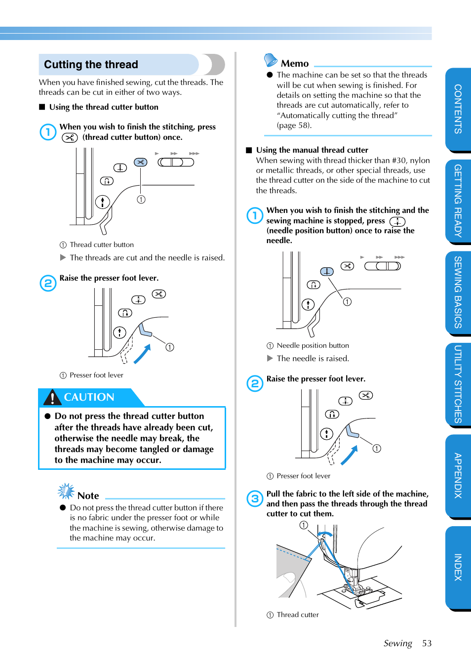 Cutting the thread, Caution | Brother PC-420 User Manual | Page 59 / 153