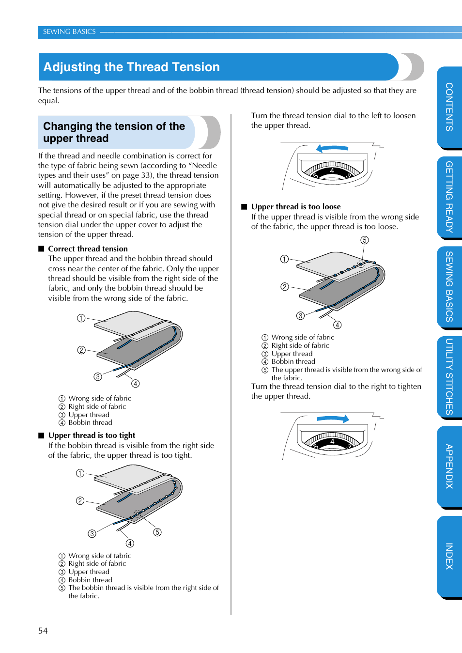 Adjusting the thread tension, Changing the tension of the upper thread, Changing the tension of theupper thread | Brother PC-420 User Manual | Page 60 / 153