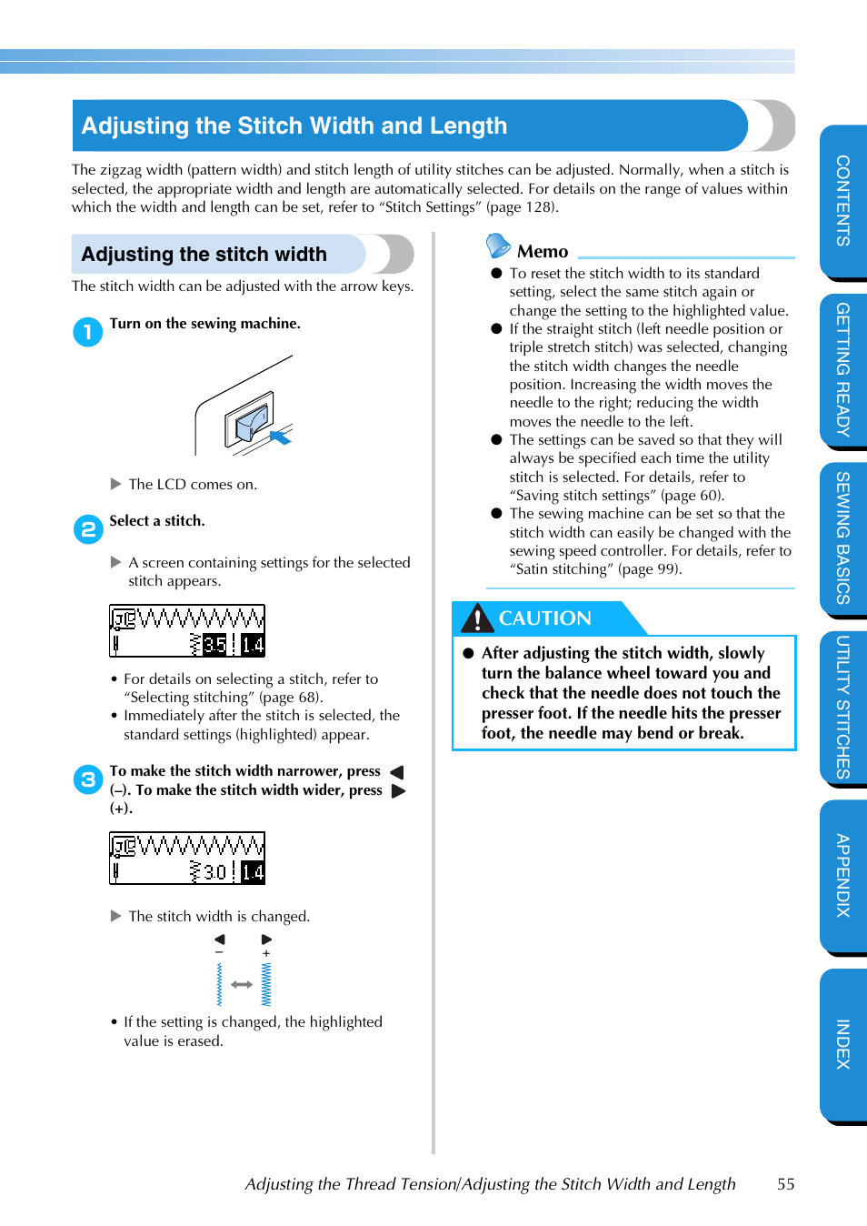 Adjusting the stitch width and length, Adjusting the stitch width, Caution | Brother PC-420 User Manual | Page 61 / 153