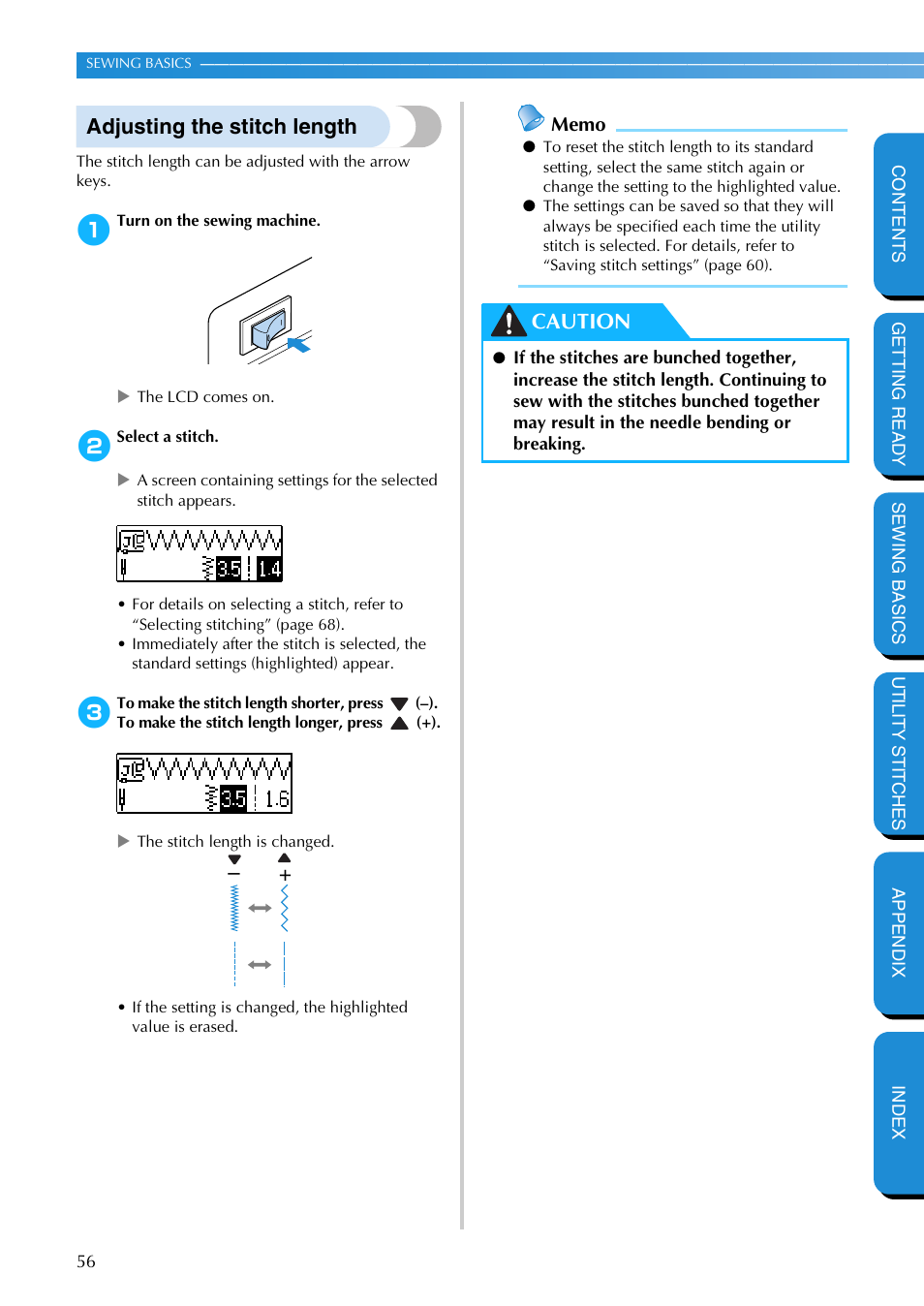 Adjusting the stitch length, Caution | Brother PC-420 User Manual | Page 62 / 153