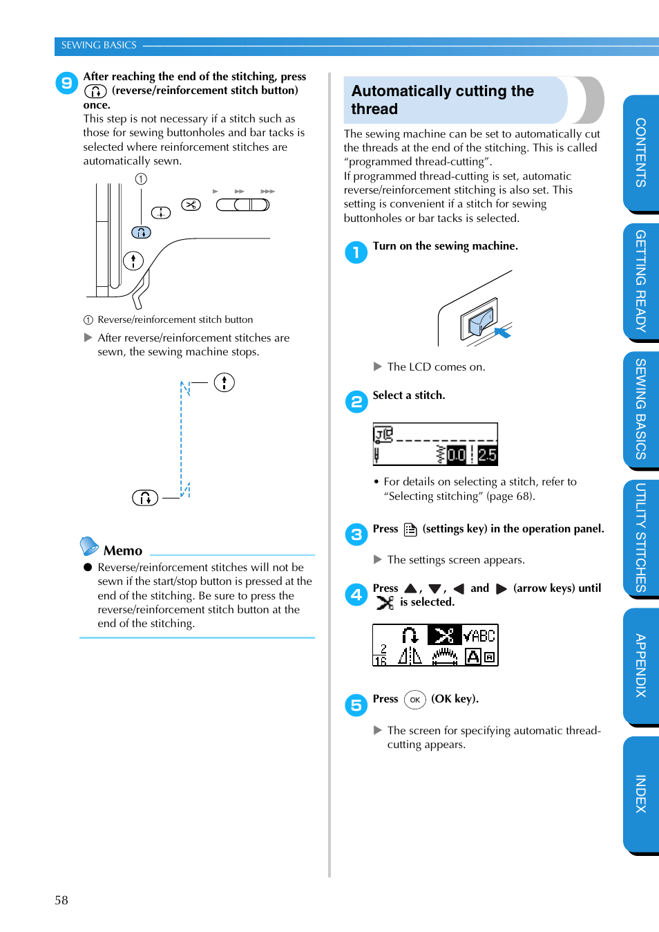 Automatically cutting the thread | Brother PC-420 User Manual | Page 64 / 153