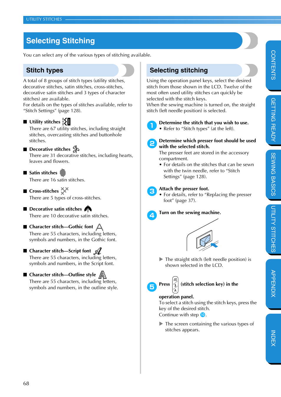 Selecting stitching, Stitch types, Stitch types selecting stitching | Brother PC-420 User Manual | Page 74 / 153