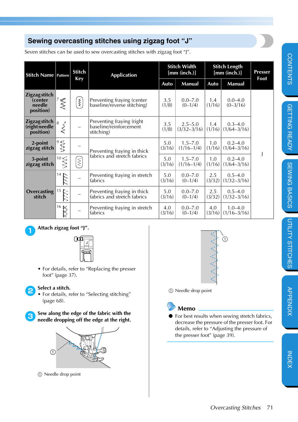 Sewing overcasting stitches using zigzag foot “j | Brother PC-420 User Manual | Page 77 / 153