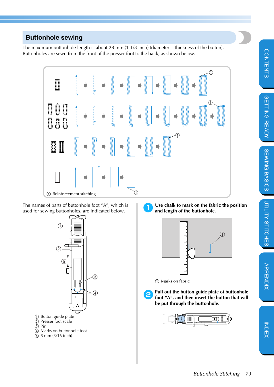 Buttonhole sewing | Brother PC-420 User Manual | Page 85 / 153