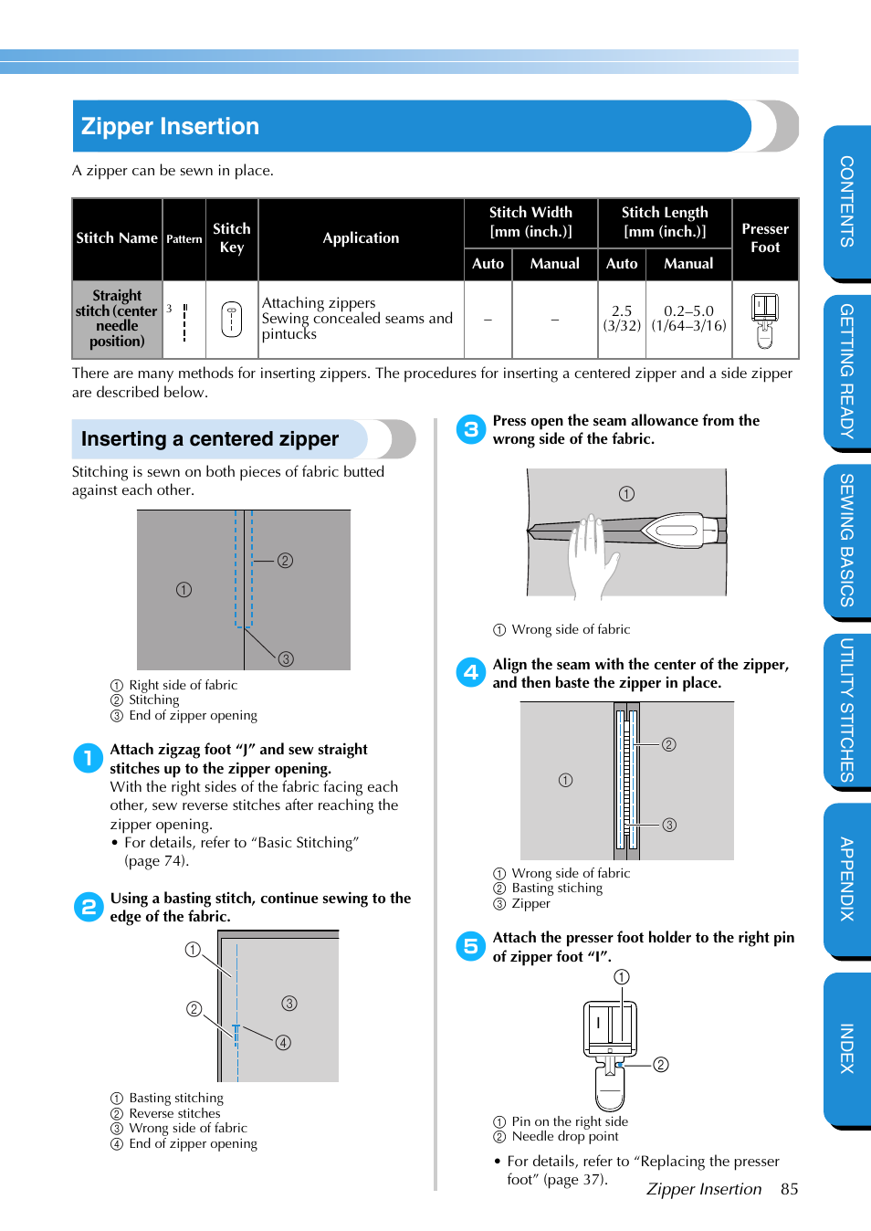 Zipper insertion, Inserting a centered zipper | Brother PC-420 User Manual | Page 91 / 153