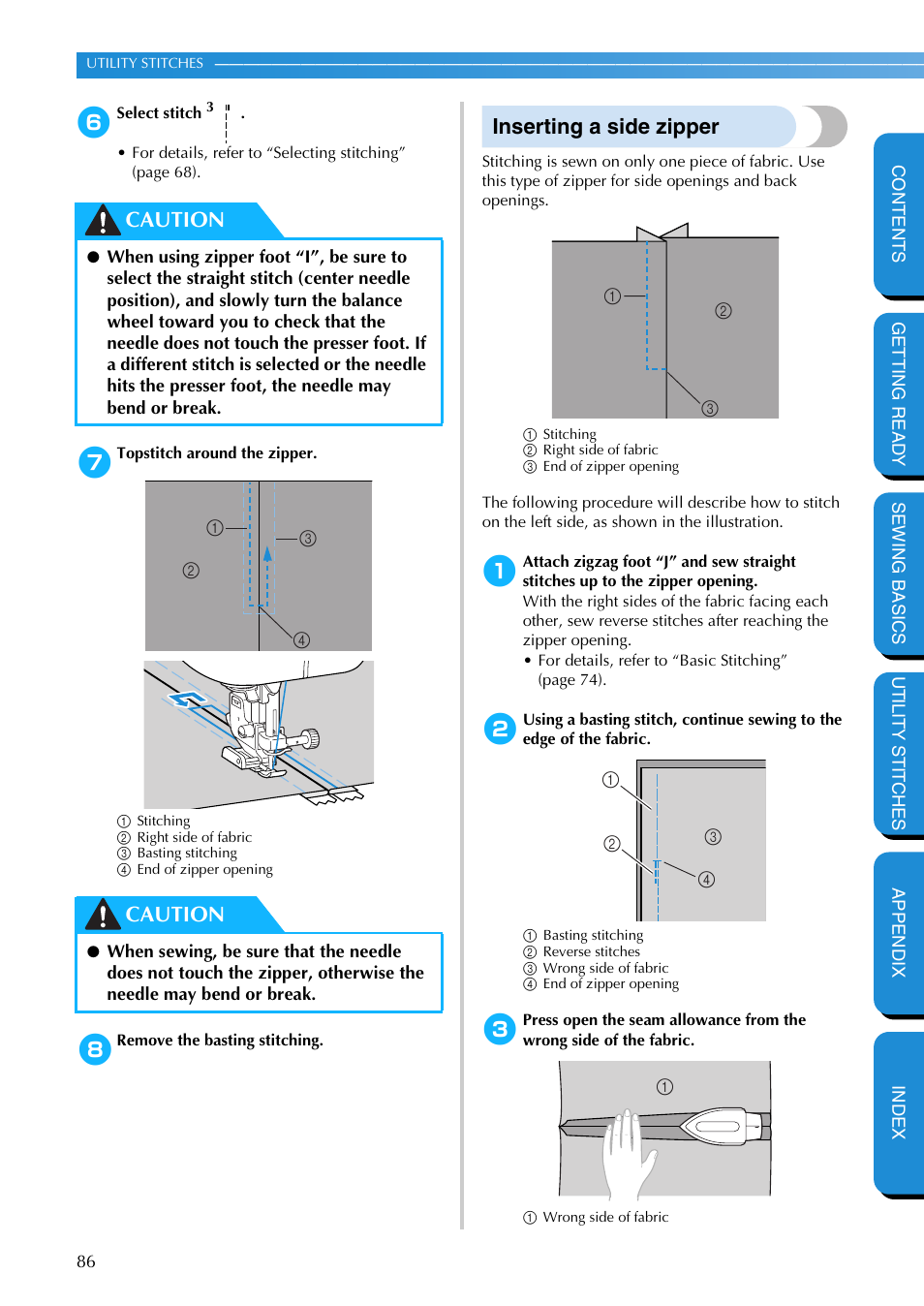 Inserting a side zipper, Caution | Brother PC-420 User Manual | Page 92 / 153