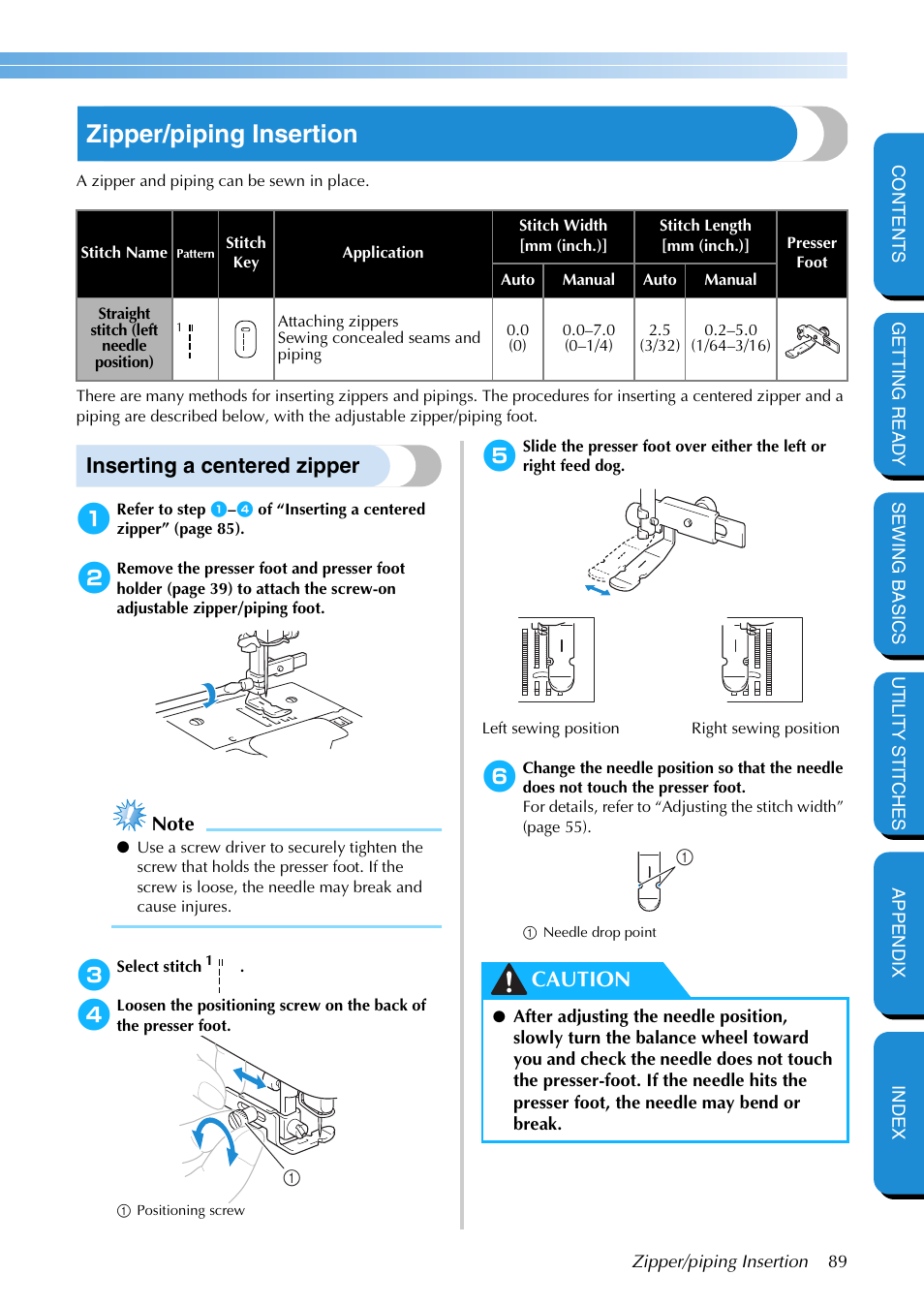 Zipper/piping insertion, Inserting a centered zipper, Caution | Brother PC-420 User Manual | Page 95 / 153