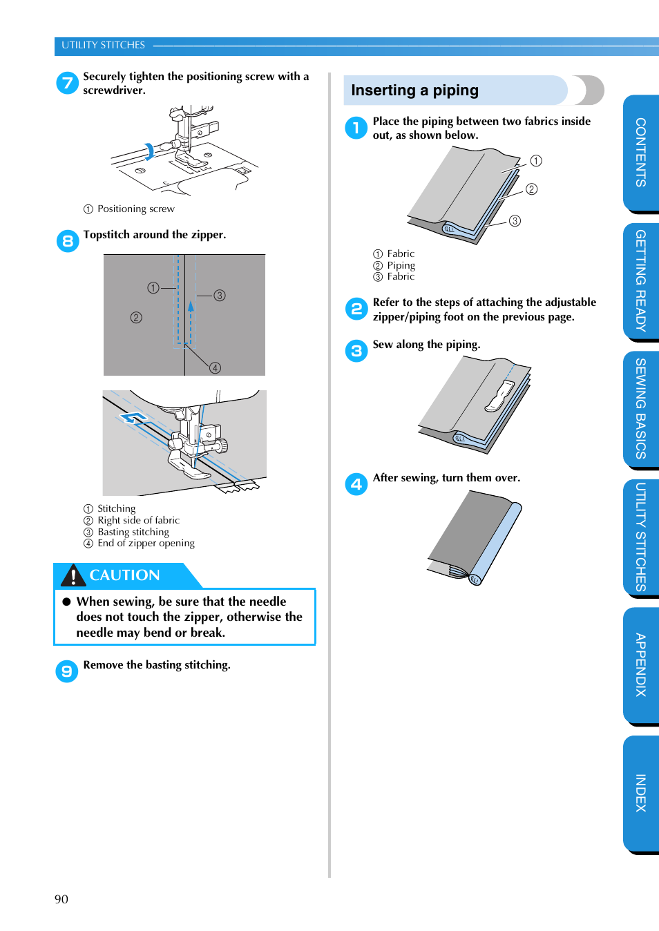 Inserting a piping, Caution | Brother PC-420 User Manual | Page 96 / 153