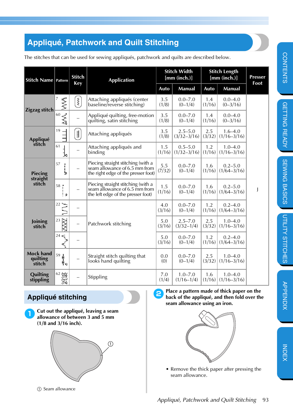 Appliqué, patchwork and quilt stitching, Appliqué stitching | Brother PC-420 User Manual | Page 99 / 153