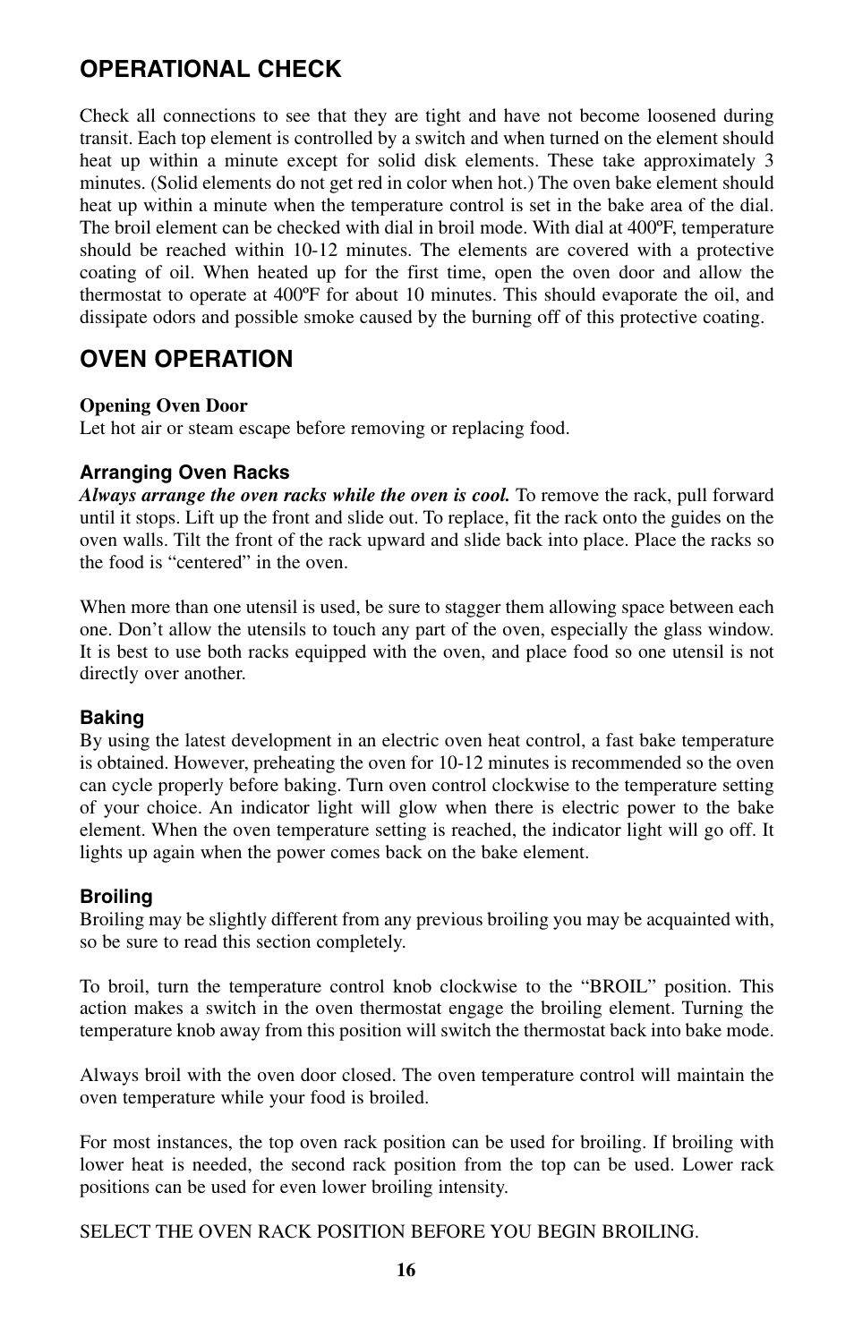Operational check, Oven operation | Summit WEM130DK User Manual | Page 16 / 24