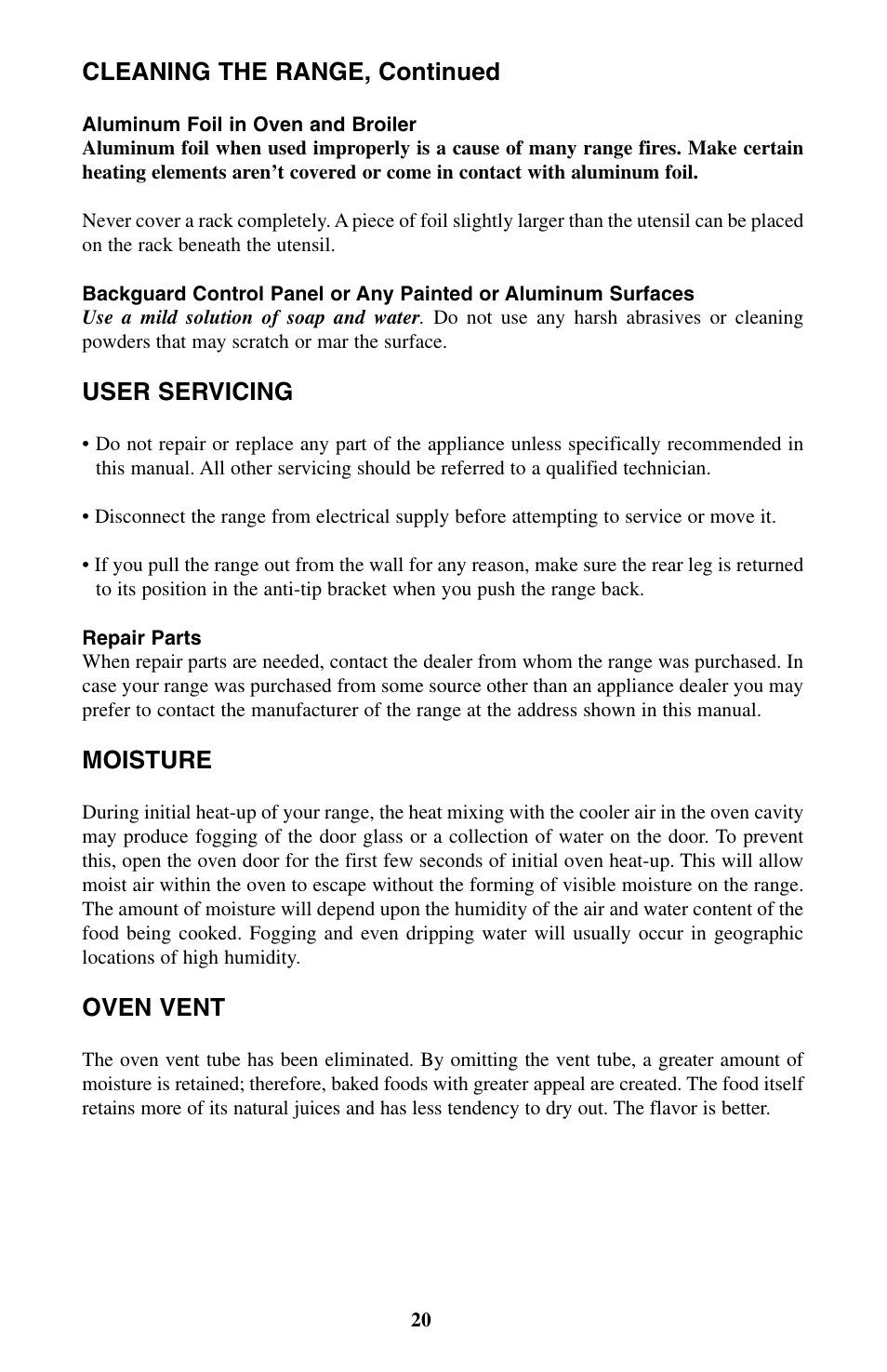 Cleaning the range, continued, User servicing, Moisture | Oven vent | Summit WEM130DK User Manual | Page 20 / 24