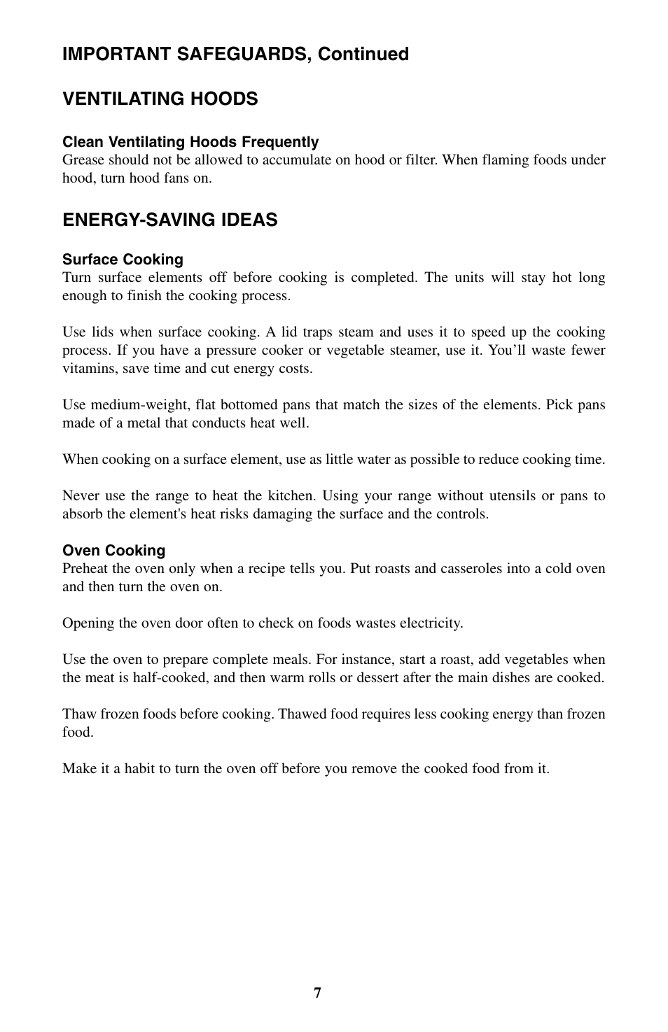 Important safeguards, continued ventilating hoods, Energy-saving ideas | Summit WEM130DK User Manual | Page 7 / 24