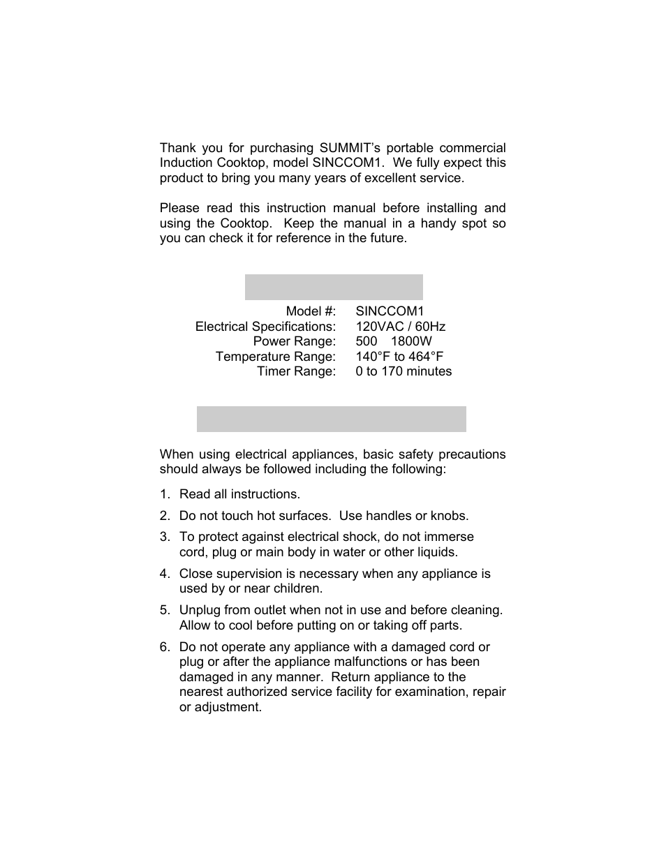 Important safeguards | Summit SINCCOM1 User Manual | Page 2 / 12