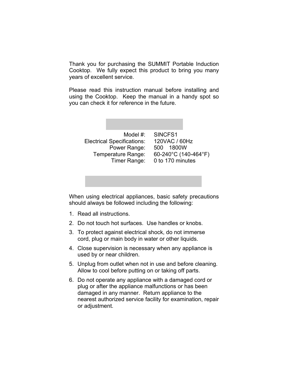 Important safeguards | Summit SINCFS1 User Manual | Page 2 / 12