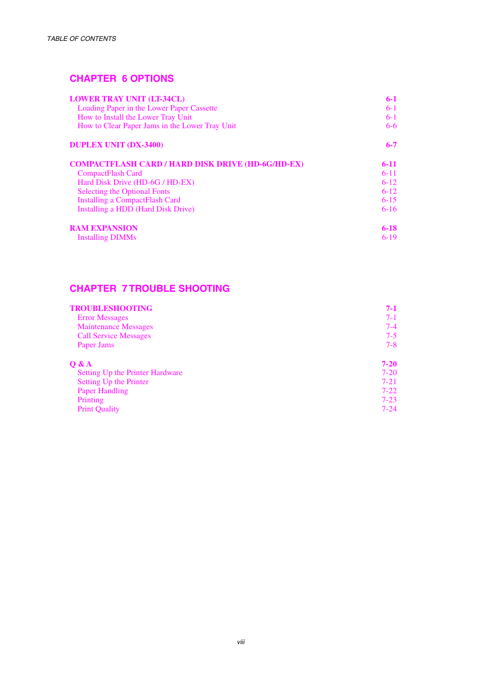 Chapter 6 options, Chapter 7 trouble shooting | Brother HL-3450CN User Manual | Page 10 / 227