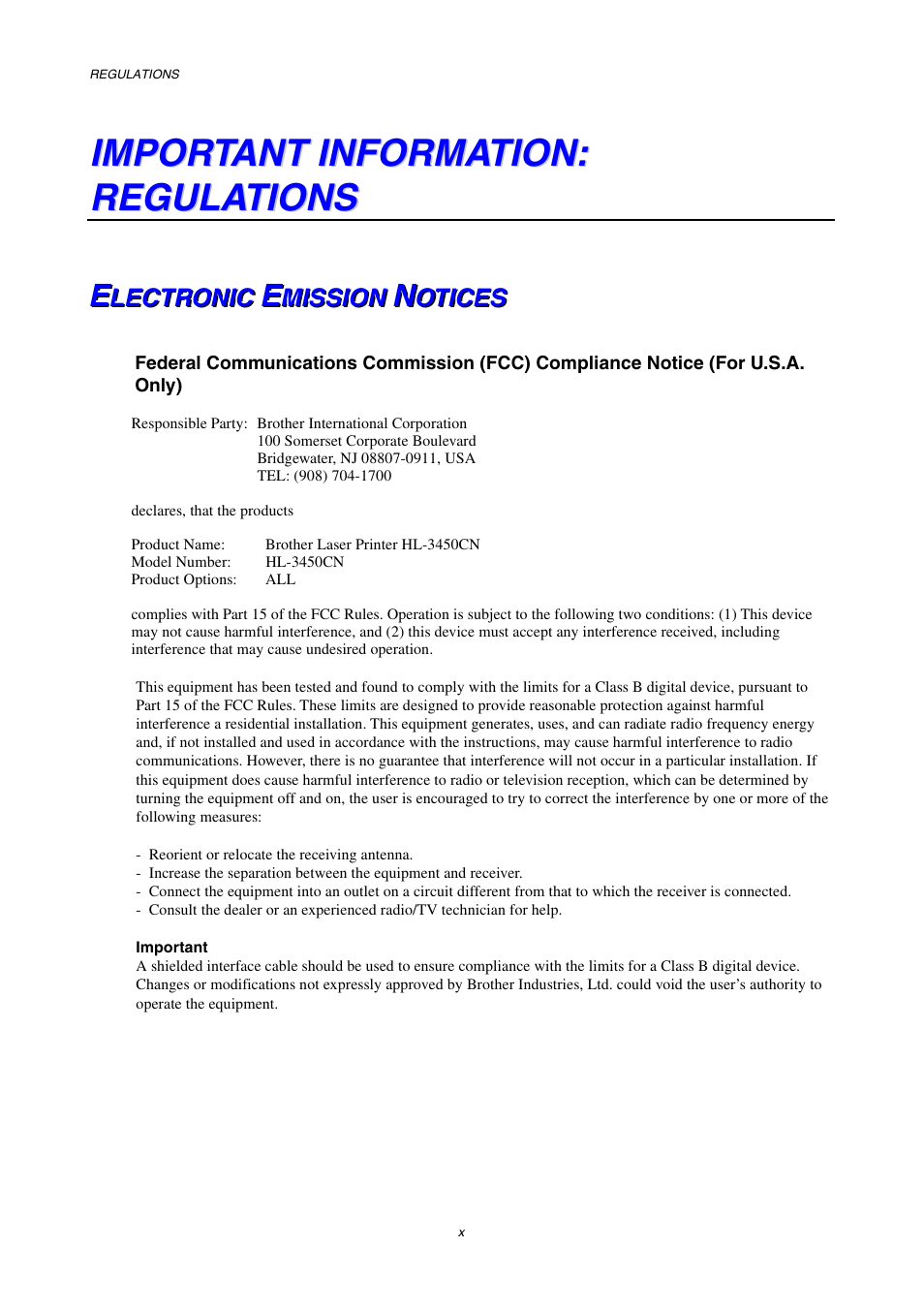 Important information: regulations, Electronic emission notices | Brother HL-3450CN User Manual | Page 12 / 227